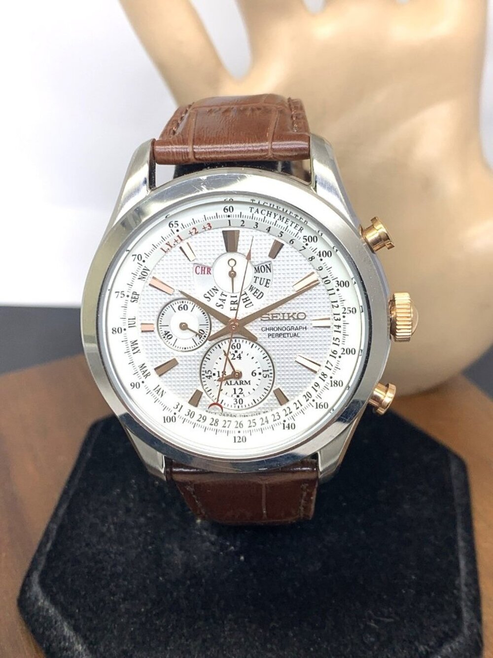 Seiko Men's Watch SRK050 Perpetual Calendar Quartz Brown Leather Band 44mm